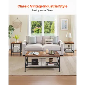 VEVOR 3 Pieces Living Room Table Sets, 105 cm Industrial Coffee Table with 2 Square End Side Tables, Easy Assembly Coffee and En