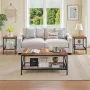 3 Pieces Living Room Table Sets, 105 cm Industrial Coffee Table with 2 Square End Side Tables, Easy Assembly Coffee and End Tabl