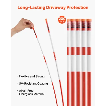 Driveway Markers, 200Pcs 122cm Long 6.35mm Dia, Hi-Visibility Driveway Reflectors with 12 in Steel Drill Bits, Reflective Snow S