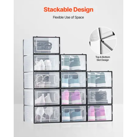 VEVOR Shoe Storage Boxes, 12 Pack Stackable Shoe Boxes Storage Organizers, Fit up to US Size 11, Plastic Modular Space Saving Sn