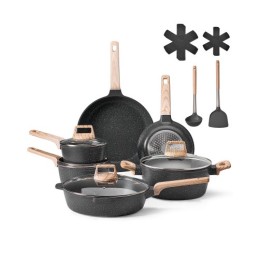 17 Piece Pots and Pans Set Granite Nonstick Kitchen Cookware Black