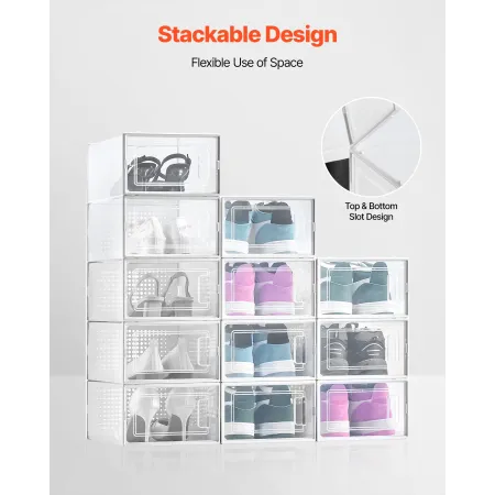 VEVOR Shoe Storage Boxes, 12 Pack Stackable Shoe Boxes Storage Organizers, Fit up to US Size 11, Plastic Modular Space Saving Sn