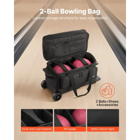 VEVOR Bowling Ball Bag, 2 Ball Double Roller Bowling Bag med hjul, med et separat rum til sko (op til US størrelse