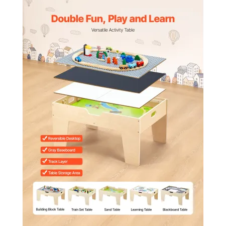 Multi-Purpose Activity Play Table, 290 Building Bricks and 30-Piece Wooden Train Set Railway, Vehicles, Tracks and Accessories, 