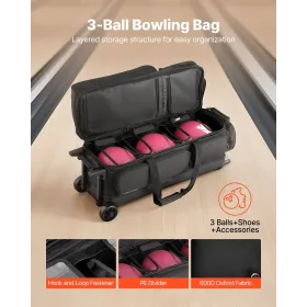 Bowling Ball Bag, 3 Ball Double Roller Bowling Bag with Wheels, Featuring a Separate Compartment for Shoes (Up To US Size 16) & 