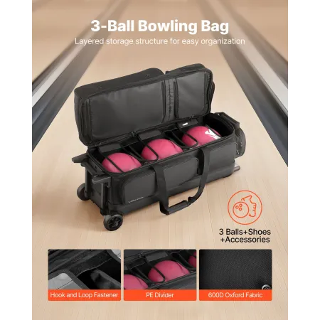 Bowling Ball Bag, 3 Ball Double Roller Bowling Bag with Wheels, Featuring a Separate Compartment for Shoes (Up To US Size 16) & 