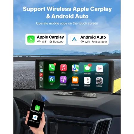 VEVOR trådløs bilstereo, 254 mm HD bærbar radio touchskærm kompatibel med Apple CarPlay og Android Auto, CarPlay-skærm