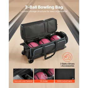 Bowling Ball Bag, 3 Ball Double Roller Bowling Bag with Wheels, Featuring a Separate Compartment for Shoes (Up To US Size 16) & 