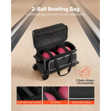 VEVOR Bowling Ball Bag, 2 Ball Double Roller Bowling Bag with Wheels, Featuring a Separate Compartment for Shoes (Up To US Size 