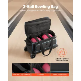 Bowling Ball Bag, 2 Ball Double Roller Bowling Bag with Wheels, Featuring a Separate Compartment for Shoes (Up To US Size 16) & 