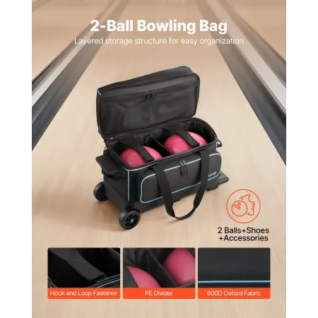 VEVOR Bowling Ball Bag, 2 Ball Double Roller Bowling Bag med hjul, med et separat rum til sko (op til US størrelse