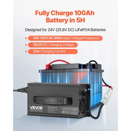 24V 20A lithiumbatterioplader, 29,2V, AC-DC LiFePO4 Smart
