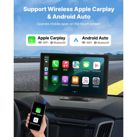 Wireless Car Stereo, 228.6mm HD Portable Radio Touch Screen Compatible with Apple CarPlay & Android Auto, CarPlay Screen with Ba