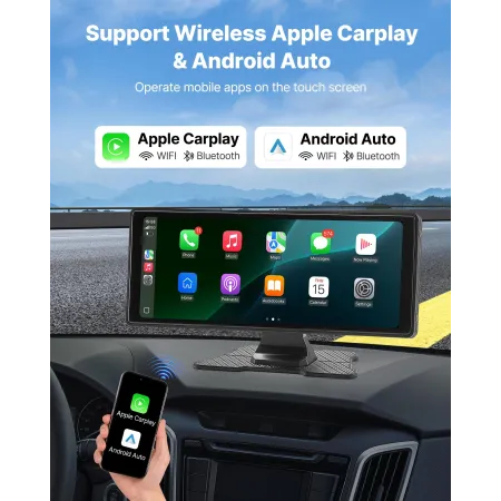 Wireless Car Stereo, 254 mm HD Portable Radio Touch Screen with Apple CarPlay and Android Auto, CarPlay Screen with Front & Back