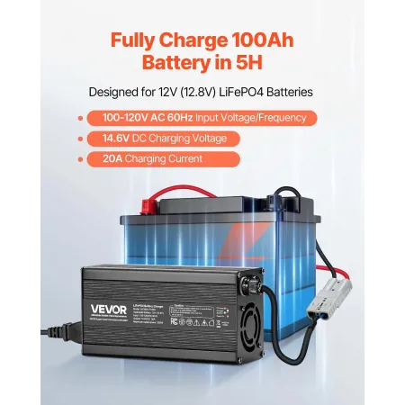 12V 20A lithiumbatterioplader, 14,6V, AC-DC LiFePO4 Smart