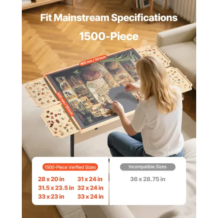 VEVOR 1500 stykke puslespilsbord med ben, 4 skuffer og låg, 86x63 cm bærbar træplade med hjul, puslespilstilbehør