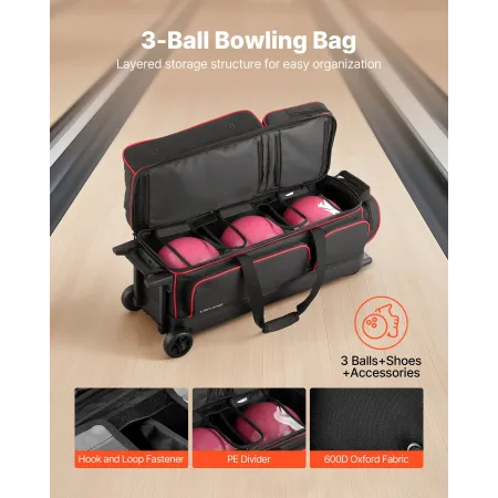 VEVOR Bowling Ball Bag, 3 Ball Double Roller Bowling Bag with Wheels, Featuring a Separate Compartment for Shoes (Up To US Size 