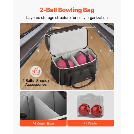 Bowling Ball Bag, 2 Ball Four Roller Bowling Bag with Wheels, Featuring a Separate Compartment for Shoes (Up To US Size 16) & Ov
