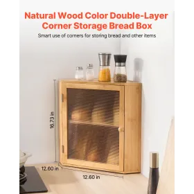 VEVOR Corner Bread Box for Kitchen Counter, Double Layer Large Capacity Bamboo Bread Storage Container, Farmhouse Wooden Breadbo