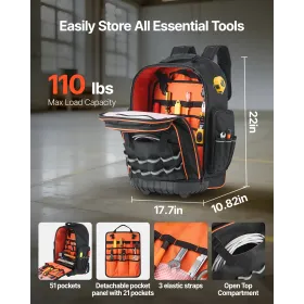 Rolling Tool Backpack, 110 lbs Load Capacity, 72 Pockets Heavy Duty Roller Tool Bag on Wheels, Adjustable Telescoping Handle & S