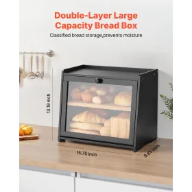 Double Layer Bread Box for Kitchen Counter, Large Capacity Bamboo Bread Storage Container, Farmhouse Wooden Breadbox for Homemad