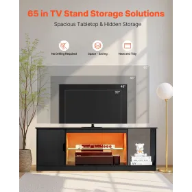 TV Stand for TVs up to 1651 mm, Modern Entertainment Center with Light Strip, Wooden TV Cabinet Storage with Glass Shelf and Adj