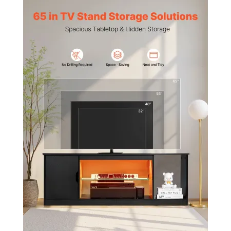 TV Stand for TVs up to 1651 mm, Modern Entertainment Center with Light Strip, Wooden TV Cabinet Storage with Glass Shelf and Adj