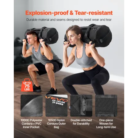 VEVOR Workout Sandbag, Heavy Duty Workout Power Bags with Handles, 11-34 kg Adjustable Slam Bag for Fitness Strength Weight Trai