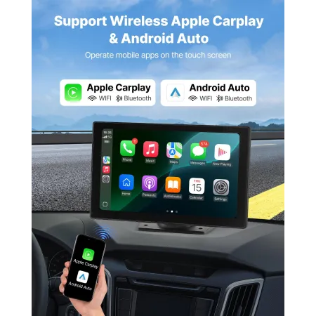 VEVOR Wireless Car Stereo, 228.6mm HD Portable Radio Touch Screen with Apple CarPlay and Android Auto, CarPlay Screen with Front