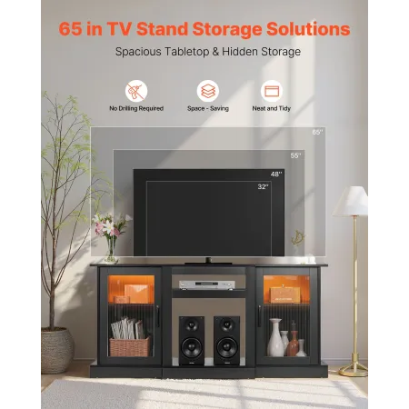VEVOR tv-stander til tv op til 1651 mm, moderne underholdningscenter med lysliste, træ-tv-skabsopbevaring med glasdøre a
