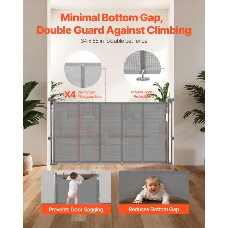 Retractable Baby Gate, 870 mm Tall, Extends up to 1400 mm Wide, Retractable Gate for Kids or Pets, Mesh Material, Easy to Instal