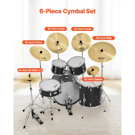 VEVOR Cymbal Pack 6 Pieces Cymbal Set 254/355/400/455/505 mm (10 14 16 18 20 Inches) Cymbals for Drum