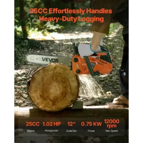 VEVOR 25 cc gaskædesav, 12 tommer gasdrevet motorsav, 1,02 HK motorkædesav med skridsikkert håndtag, gasdrevne motorsave med