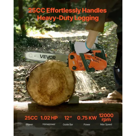 VEVOR 25 cc Gas Chainsaw, 12 inch Gas Powered Chainsaw, 1.02 HP Power Chain Saw with Non-Slip Handle, Gas-Powered Chainsaws with