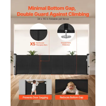 Retractable Baby Gate, 870 mm Tall, Extends up to 2800 mm Wide, Retractable Gate for Kids or Pets, Mesh Material, Easy to Instal