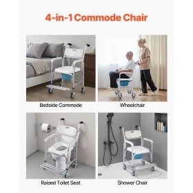 Bedside Commode Chair with Wheels, 159 kg Capacity, 4-in-1 Portable Toilet and Raised Toilet Seat with Padded Seat/Backrest/Flip