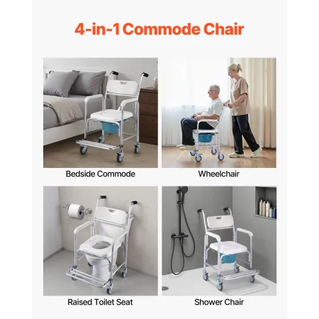 VEVOR Bedside Commode Chair with Wheels, 159 kg Capacity, 4-in-1 Portable Toilet and Raised Toilet Seat with Padded Seat/Backres