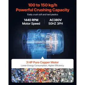 VEVOR Plastic Shredder Crusher, 3HP/2,2KW plastflaskekværn Granulator, 100-150kg/h Kapacitet Pulverizer Genbrugsmaskine m