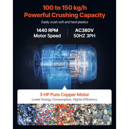 Plastic Shredder Crusher, 3HP/2.2KW Plastic Bottle Grinder Granulator, 100-150kg/h Capacity Pulverizer Recycling Machine with Wh