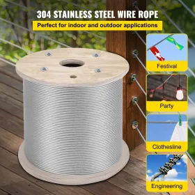 VEVOR 1/4" Stainless Steel Cable 200FT, T304 7x19 Tighter Core Cable Railing System Wire Rope Aircraft Deck Railing Kit Fence Wi