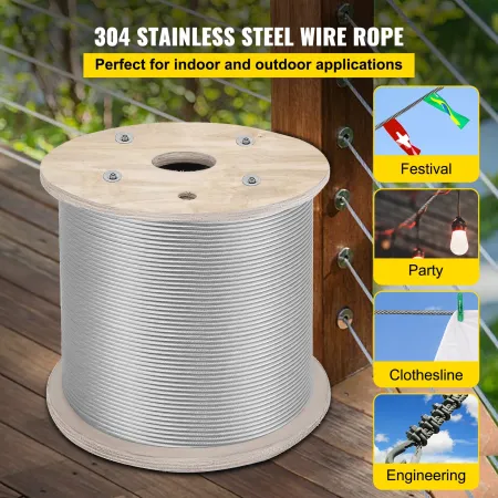 1/4" rustfrit stålkabel 200FT, T304 7x19 strammere