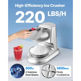 Ice Crusher Machine, 100kg Per Hour Electric 4 Blades Snow Cone Maker, Stainless Steel Shaved Ice Machine with Bowl and Cover, 3