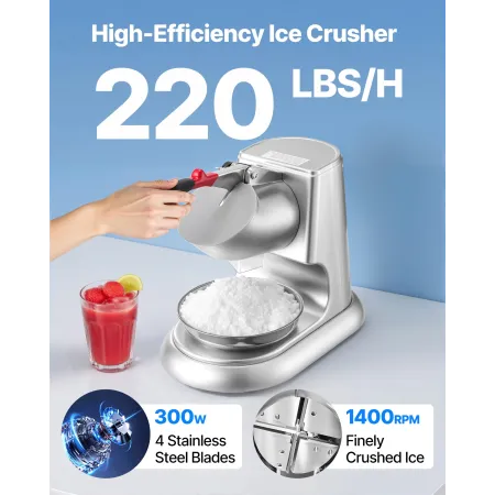 VEVOR Ice Crusher Machine, 100kg Per Hour Electric 4 Blades Snow Cone Maker, Stainless Steel Shaved Ice Machine with Bowl and Co