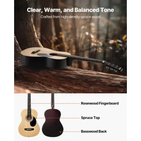 39 in / 990.6 mm Dreadnought Acoustic Guitar Natural Beginner Bundle Gig Bag Adult