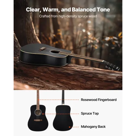 VEVOR 41 in / 1041.4 mm Dreadnought Acoustic Guitar Beginner Bundle for Adult Taller Black
