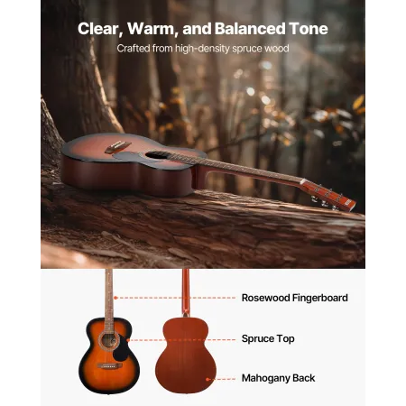 VEVOR 40 tommer / 1016 mm Dreadnought akustisk guitar begynderpakke Gig Bag Adult Sunburst