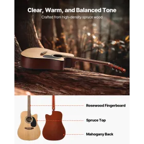 VEVOR 1041.4 mm (41 inch) Cutway Acoustic Guitar Natural Beginner Bundle Gig Bag for Adult
