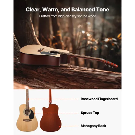 VEVOR 1041.4 mm (41 inch) Cutway Acoustic Guitar Natural Beginner Bundle Gig Bag for Adult