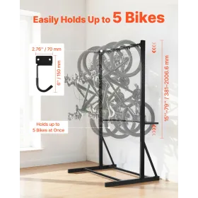 VEVOR Bike Rack, 300LBS/136KG Capacity for up to 5 Bikes, Freestanding Bike Storage Rack, Carbon Steel Vertical Bicycle Stand fo