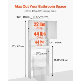 VEVOR Over The Toilet Storage Cabinet, 165.1 cm Height Bathroom Storage Organizer with Double Door and Adjustable Shelf, Bathroo